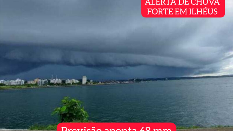 Defesa Civil renova alerta de chuvas para Ilhéus; previsão aponta 68 mm até a próxima quarta (17)