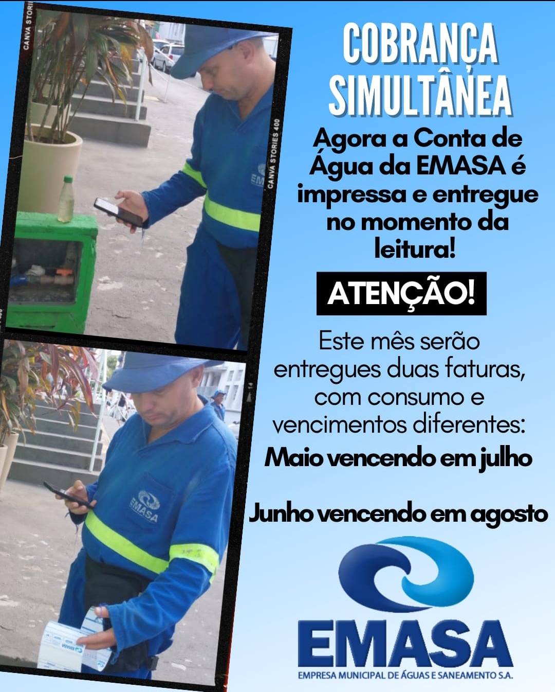 EMASA alerta que consumidor receberá duas contas de água no mês de julho por mudança no sistema de leitura