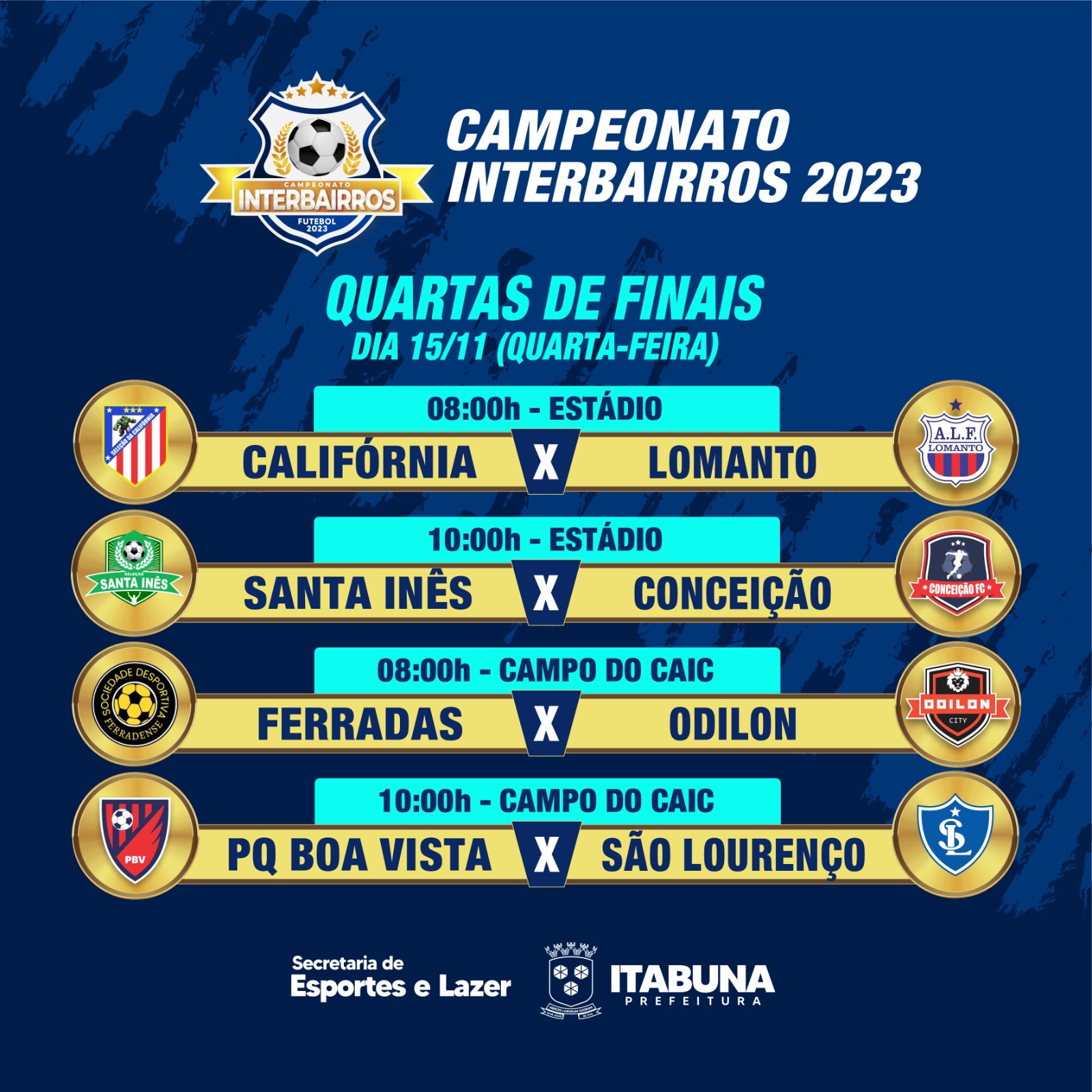 Jogos pelas quartas de final do Campeonato Interbairros de Futebol acontecem na quarta-feira