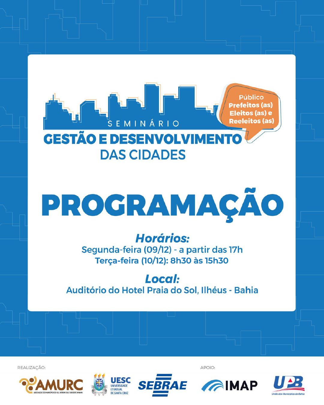 Amurc, Uesc e Sebrae debatem inovação e eficiência da Gestão Pública nesta segunda, 9 e terça, 10, em Ilhéus