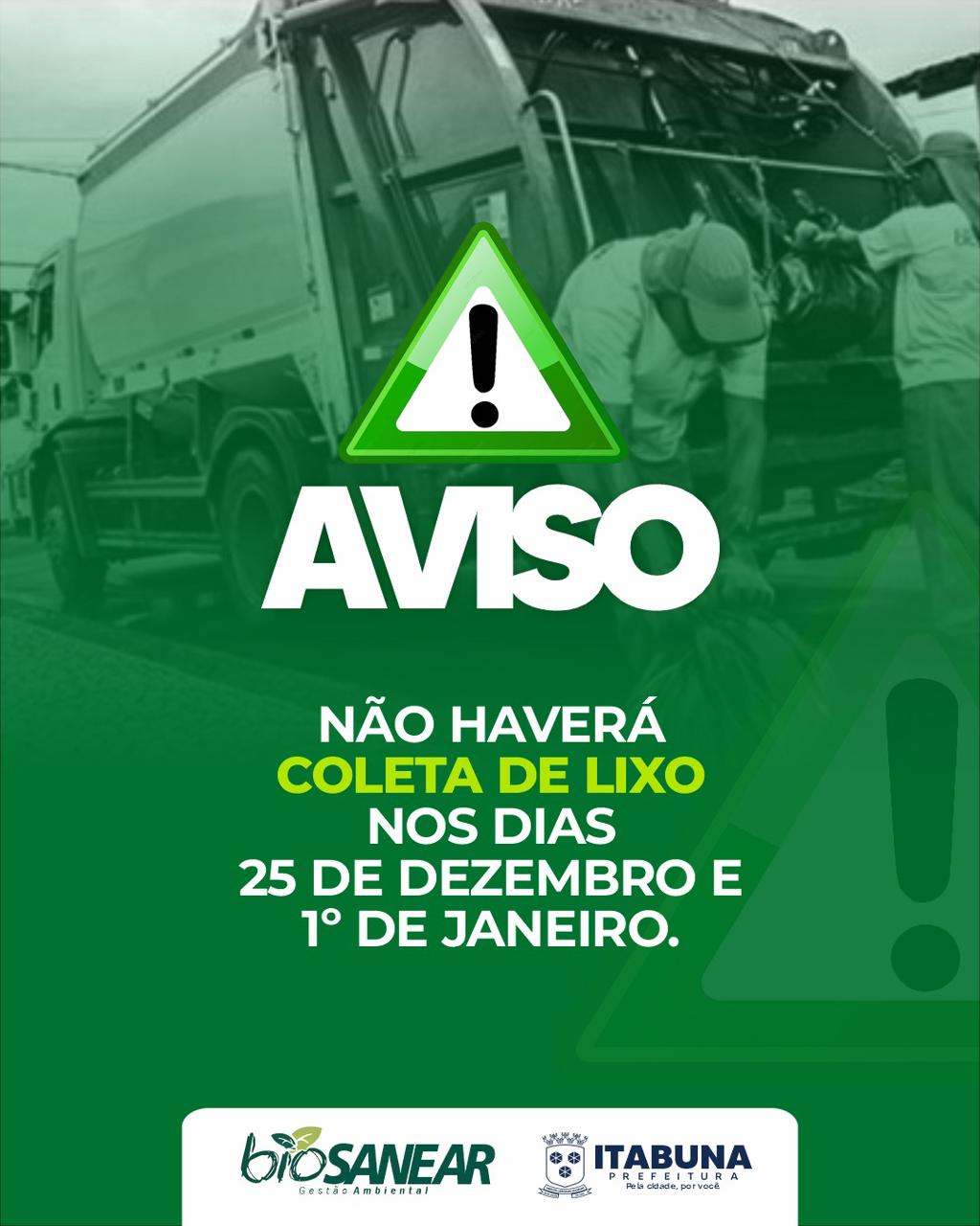 Prefeitura alerta que não haverá coleta domiciliar de lixo doméstico nos feriados de Natal e Ano Novo em Itabuna
