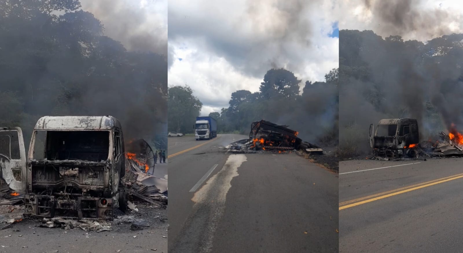 Caminhão carregado de porcelanatos pega fogo e explode na BR 101 no trevo de Uruçuca-BA