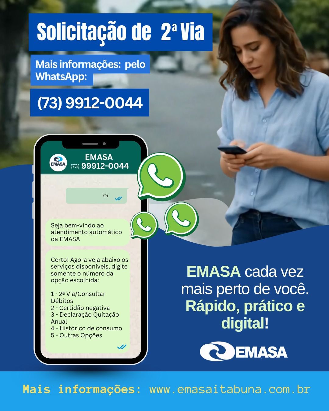 EMASA lança atendimento automático via WhatsApp a partir de agosto