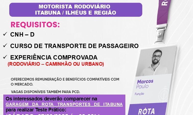 Rota abre novas vagas de motorista para Itabuna, Ilhéus e região