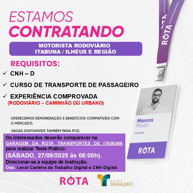 Rota abre novas vagas de motorista para Itabuna, Ilhéus e região