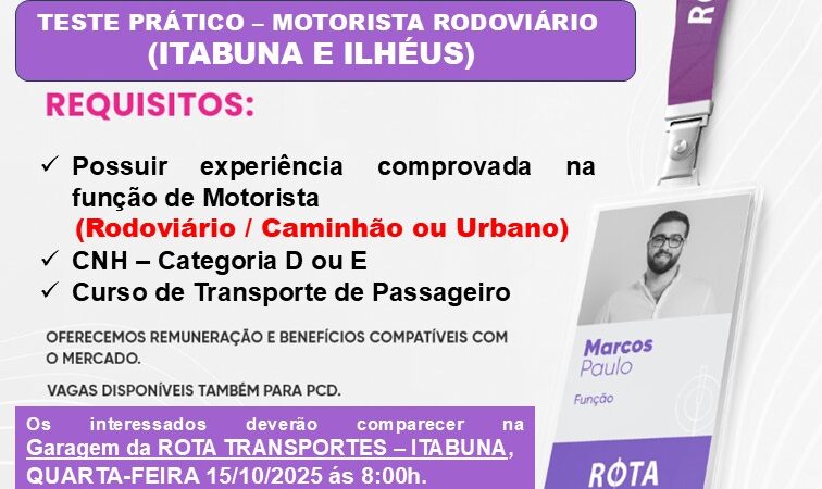 Rota Transportes abre 30 vagas para motoristas em Itabuna e Ilhéus