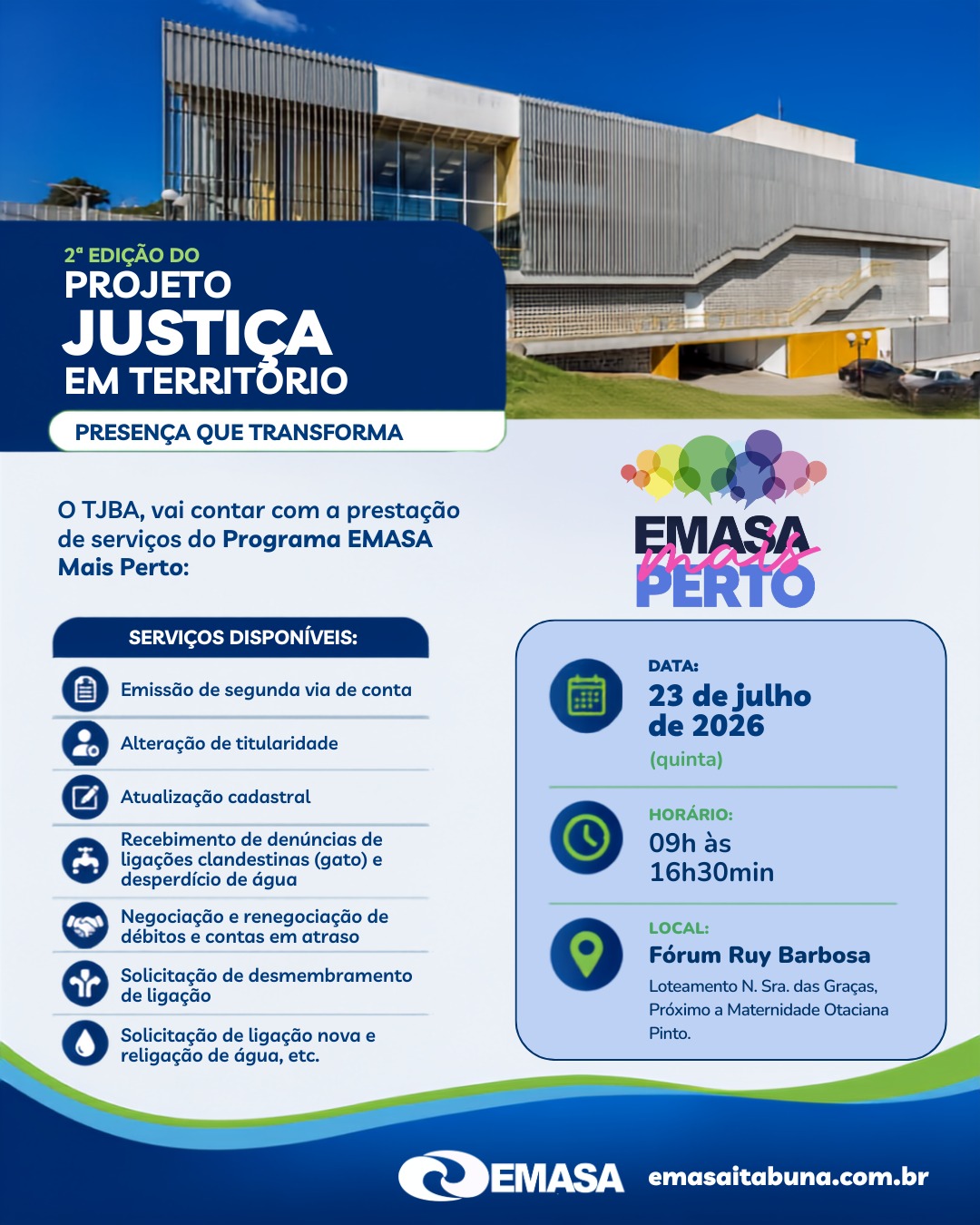 EMASA leva serviços à comunidade durante a 2ª Edição do Projeto Justiça em Território da TJBA